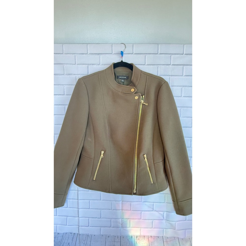 Ann Taylor Olive Green Asymmetrical Zip Moto Jacket Gold Hardware Size 8